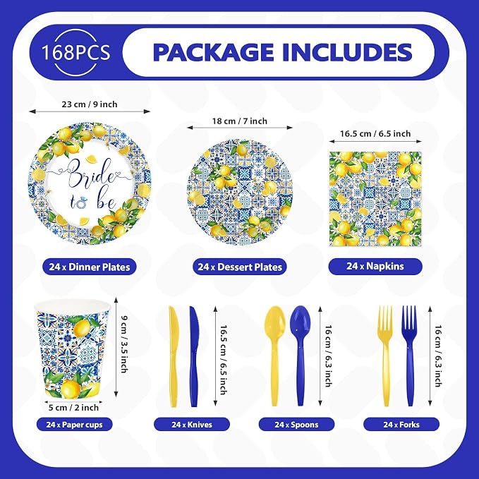 168Pcs Lemon Bridal Shower Party Decor Amalfi Coast Plates Napkins Cups Forks - Image 2