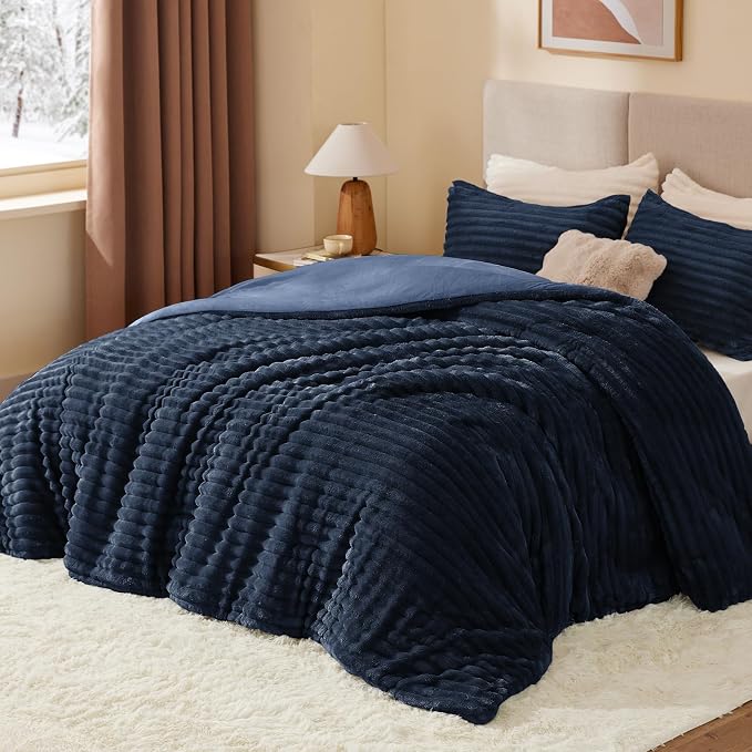 BEDELITE Fleece Twin Comforter Set -Super Soft & Warm Fluffy Navy Blue Bedding - Image 2