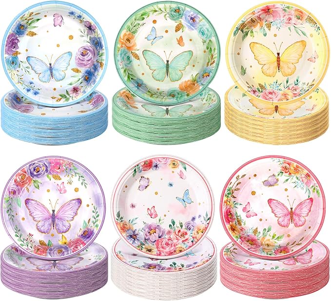 Funnymoom 60 Pcs 7 Inch Butterfly Birthday Party Plates Floral Paper Plates by Funnymoom
