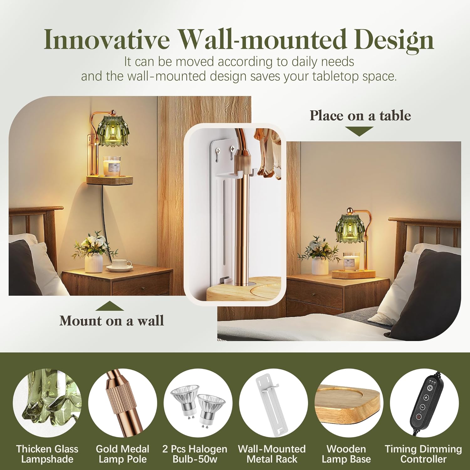 Candle Warmer Lamp with Timer Dimmer, Modern Wax Warmer for Scented Wax Jar Candle Warmer with 2 Bulbs, Adjustable Height Glass Lamp for Gifts for Women, House Warming Gifts, Home Decor, Gold Green