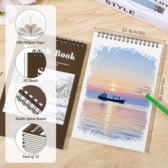 12 Pack Sketch Book, 9 x 12 Inch Sketchbook, 68lb/100gsm Top Spiral Bound - Image 2