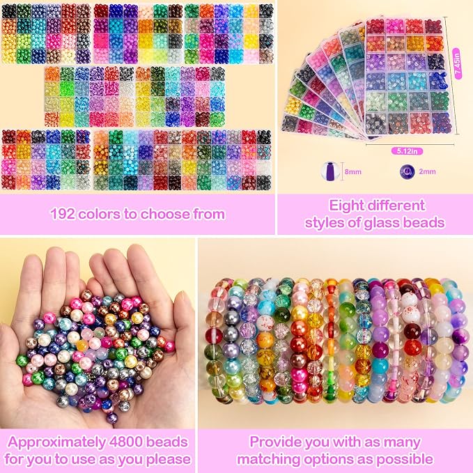 XSEINO 192 Colors 4800pcs 8mm Dream Candy Colorful Series Glass Beads Bracelet - Image 4