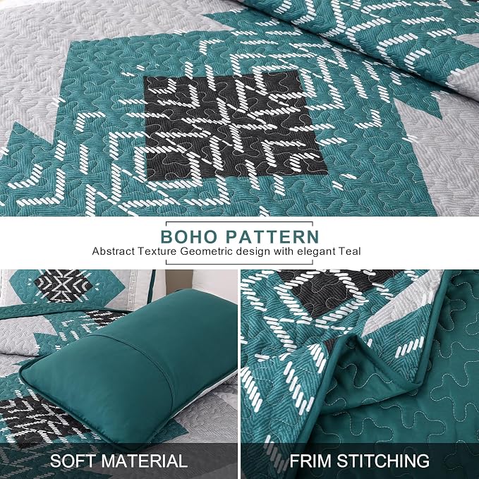 Dintszyayue Boho Quilt Set King 3 Pieces Teal Aztec Texture Bedspread Coverlet - Image 3