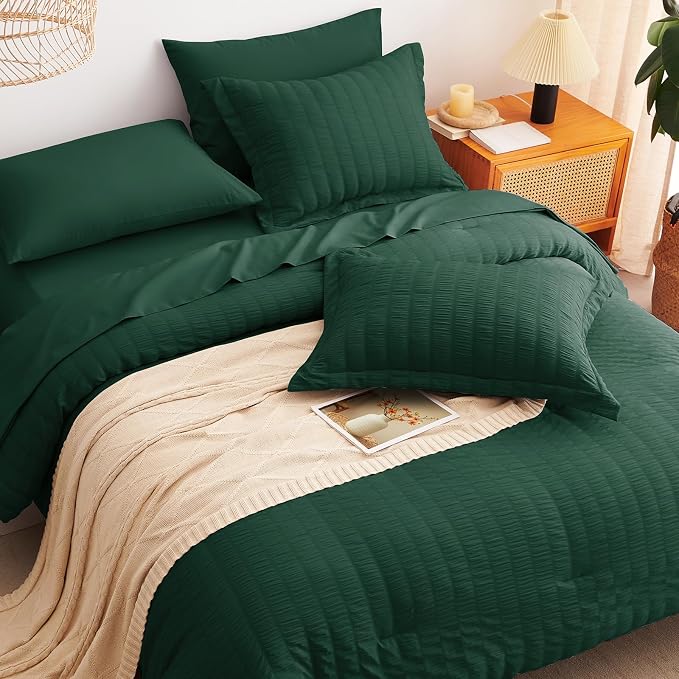 CozyLux King Size Comforter Set Emerald Green Seersucker 7 Pieces Bed in a Bag - Image 6