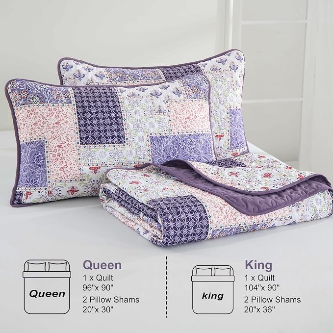 Xruibed Patchwork Quilt Set Queen Size 3 Pieces Purple Floral Plaid Bedspread - Image 7