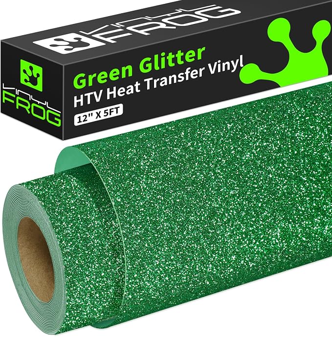 VINYL FROG Green Glitter Heat Transfer Vinyl Roll 12" x5ft Green Iron on Vinyl by VINYLFROG