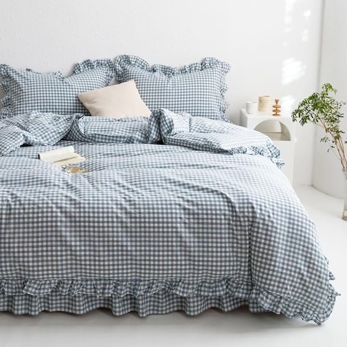 MKXI Blue and White Gingham Duvet Cover Twin Size, 3-Piece Bedding Set - Image 2
