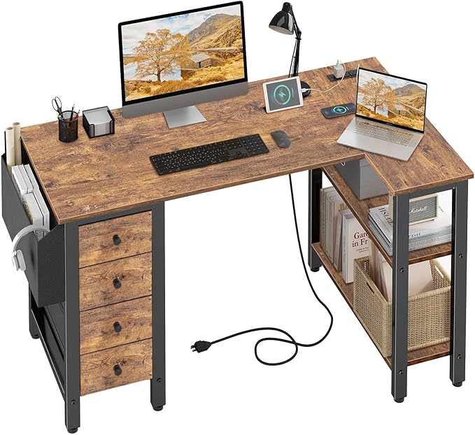 Lufeiya L Shaped Desk with Drawers & Storage Shelves, 47 Inch Small Reversible by LUFEIYA