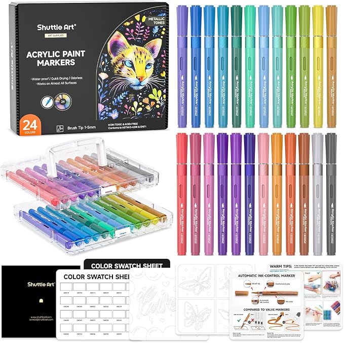 Shuttle Art Automatic Ink Control Acrylic Paint Markers, 24 Metallic Colors by ShuttleArt