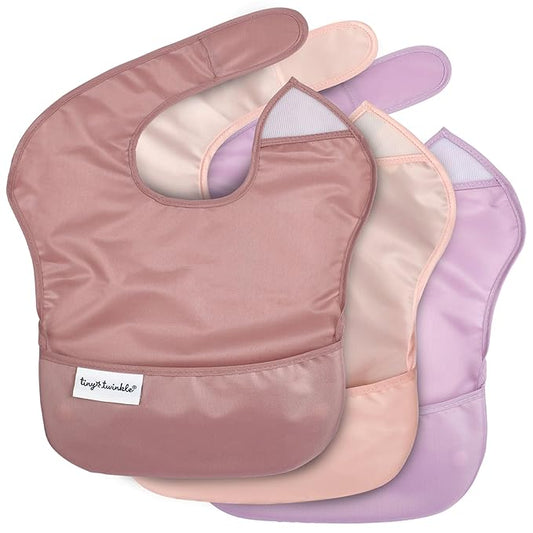 Tiny Twinkle Mess Proof Baby Bibs for Eating – Waterproof, Wipeable Toddler Bibs with Pocket – Baby Food Bibs for Girls & Boys(3 Pack,Taupe, Rose)