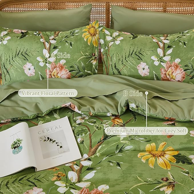 Yiran Sage Green Hibiscus Floral Comforter Set King Size, 7 Piece Bird Flowers - Image 5