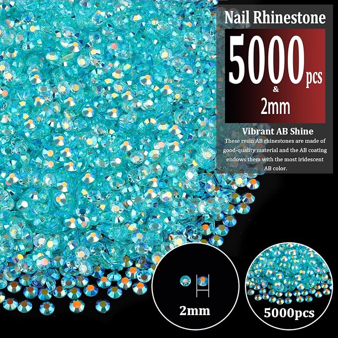 5000pcs 2mm Resin Rhinestones Bulk, Transparent Lake Blue AB Flatback Round - Image 2