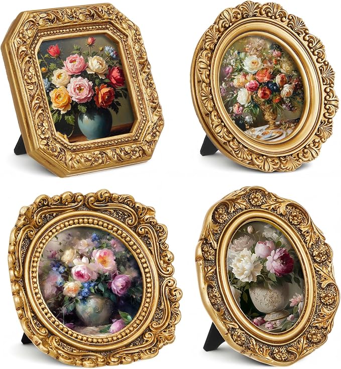 Qunclay Vintage Mini Picture Frames Set of 4, Round Rectangle Ornate Small by Qunclay
