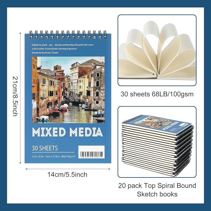 Jexine 40 Pcs 5.5'' x 8.5'' Top Spiral Bound Sketch Book 30 Sheet Each - Image 2