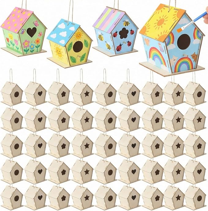DoubleFill 36 Pcs 4. 33" DIY Wooden Birdhouses Craft by DoubleFill