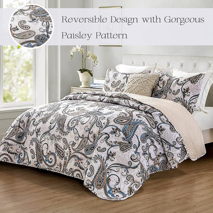 Whale Flotilla Reversible Printed Quilts Queen Size, Extra Soft Boho Paisley - Image 2