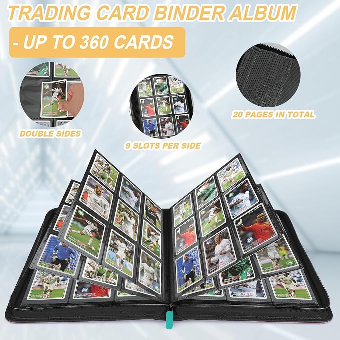 360 Cards Ringless 9-Pocket Side Loading Trading Card Binder, PU Zipper Fixed - Image 4