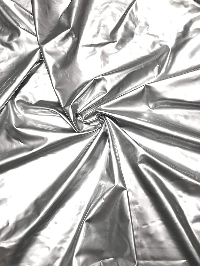 Polyester Spandex Shiny Silver Faux Vinyl 2 Ways Stretch Fabric by Unknown