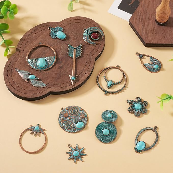 13Pcs Vintage Synthetic Turquoise Charms, Tibetan Style Alloy Bohemia Retro - Image 6