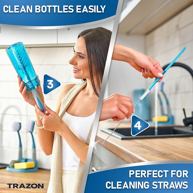 Dish Brush Set of 5 with Convenient Holder, Bottle Water Brush, Dish Scrub Brush - Image 4
