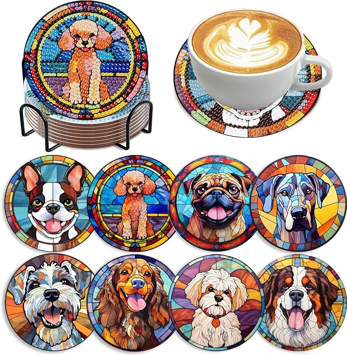 Zythron 8 Pack Dog Diamond Art Coasters, Diamond Painting Coasters Kits | Dog by Zythron