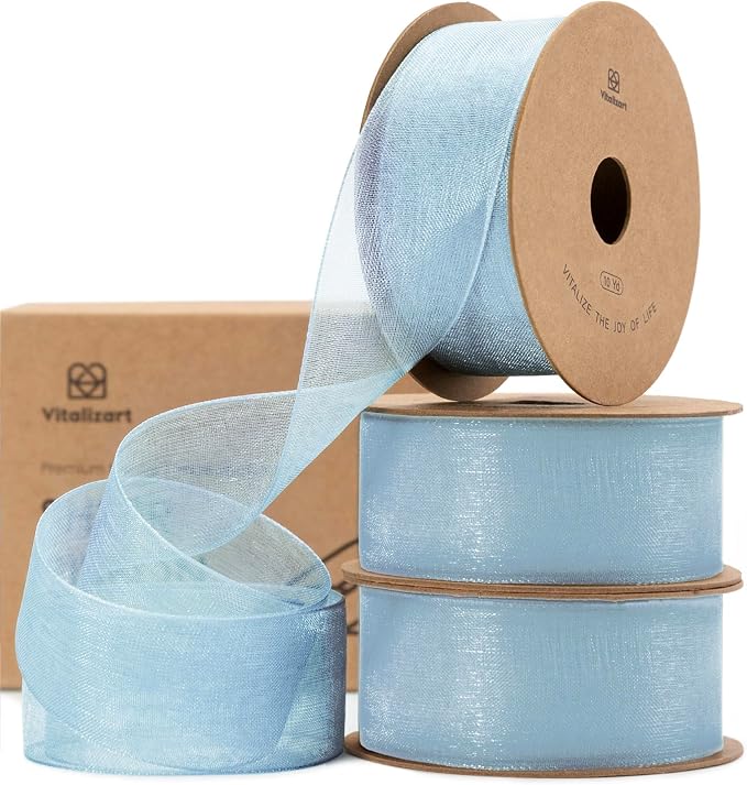Vitalizart Dusty Blue Ribbon Organza Sheer Ribbon 1 inch x 30Yd Handmade Fabric by Vitalizart