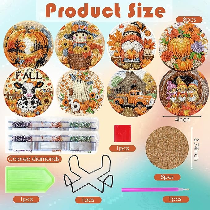 ijbnhd 8 Pcs Diamond Art Coasters Kits Autumn | Diamond Painting Coasters Kit - Image 3
