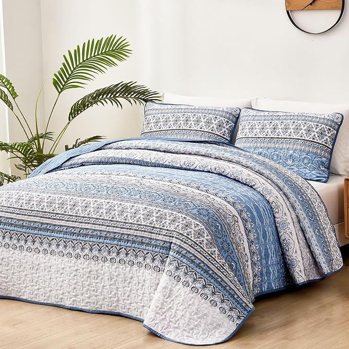 WONGS BEDDING Boho King Quilt Set, Light Blue Bohemian King Quilt Bedding Set - Image 2