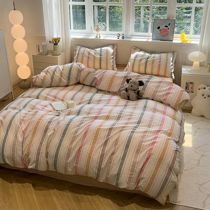 mixinni Vintage Striped Duvet Cover Set Twin Size, 3-Piece 100% Washed Cotton - Image 7