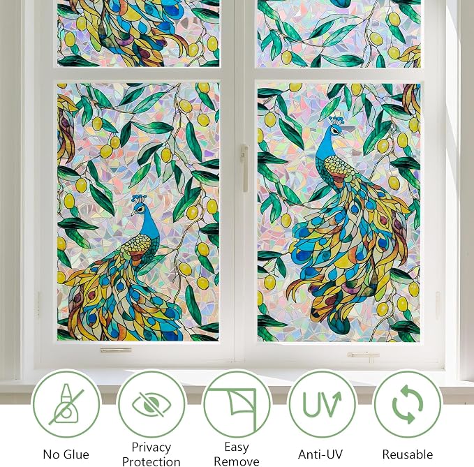 Kromapolis Window Privacy Film, Stained Glass Sticker Floral Window Clings - Image 3