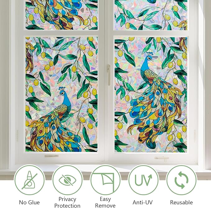 Kromapolis Window Privacy Film, Stained Glass Sticker Floral Window Clings - Image 3