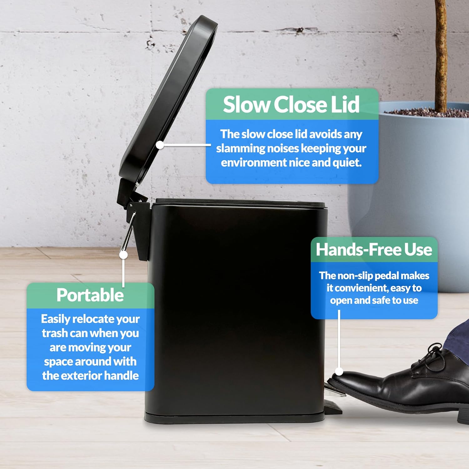 Reli. Small Trash Can with Lid, 1.3 Gallon (5 Liter) | Stainless Steel (Matte Black) | Small Bathroom Trash Can | Step Pedal Garbage Bin with Removable Bucket, Kitchen | Rectangular Metal Bin