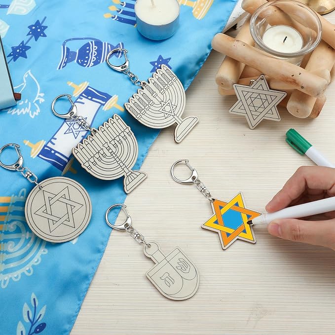 RattanView 24 Pcs Hanukkah Craft Color Your Own Keychains DIY Craft Wooden - Image 4