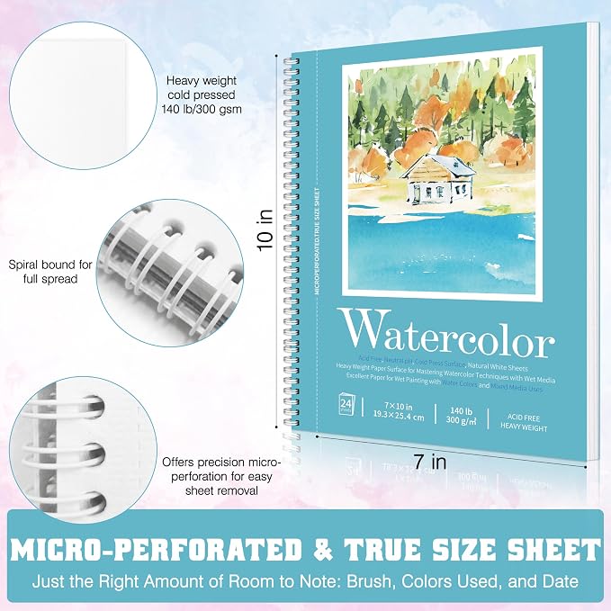 Watercolor Paper Pad, Watercolor Sketchbook 7" x10” 140lb/300gsm, Spiral Bound - Image 2
