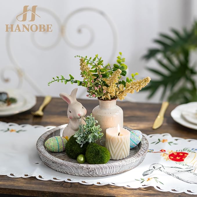 Hanobe Decorative Coffee Table Tray, Round Wood Candle Holder Plate | Wooden - Image 4