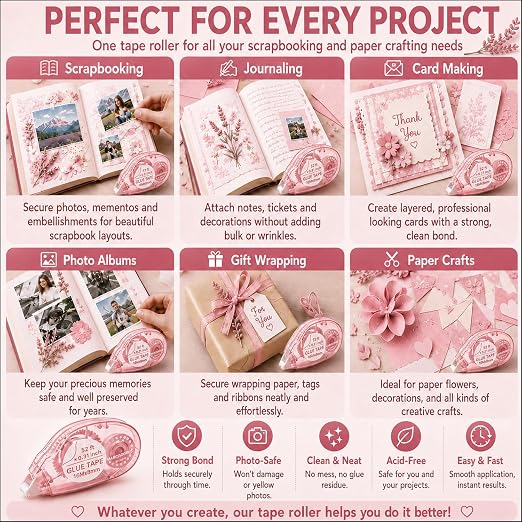 MARCADORUS Glue Tape Roller, Double Sided Tape Scrapbook 4 Pack Extra Long | - Image 9