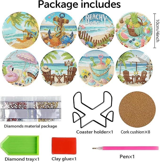 Benjenes 8 PCS Diamond Art Coasters Kits Beach Diamond Painting Coaster | - Image 2