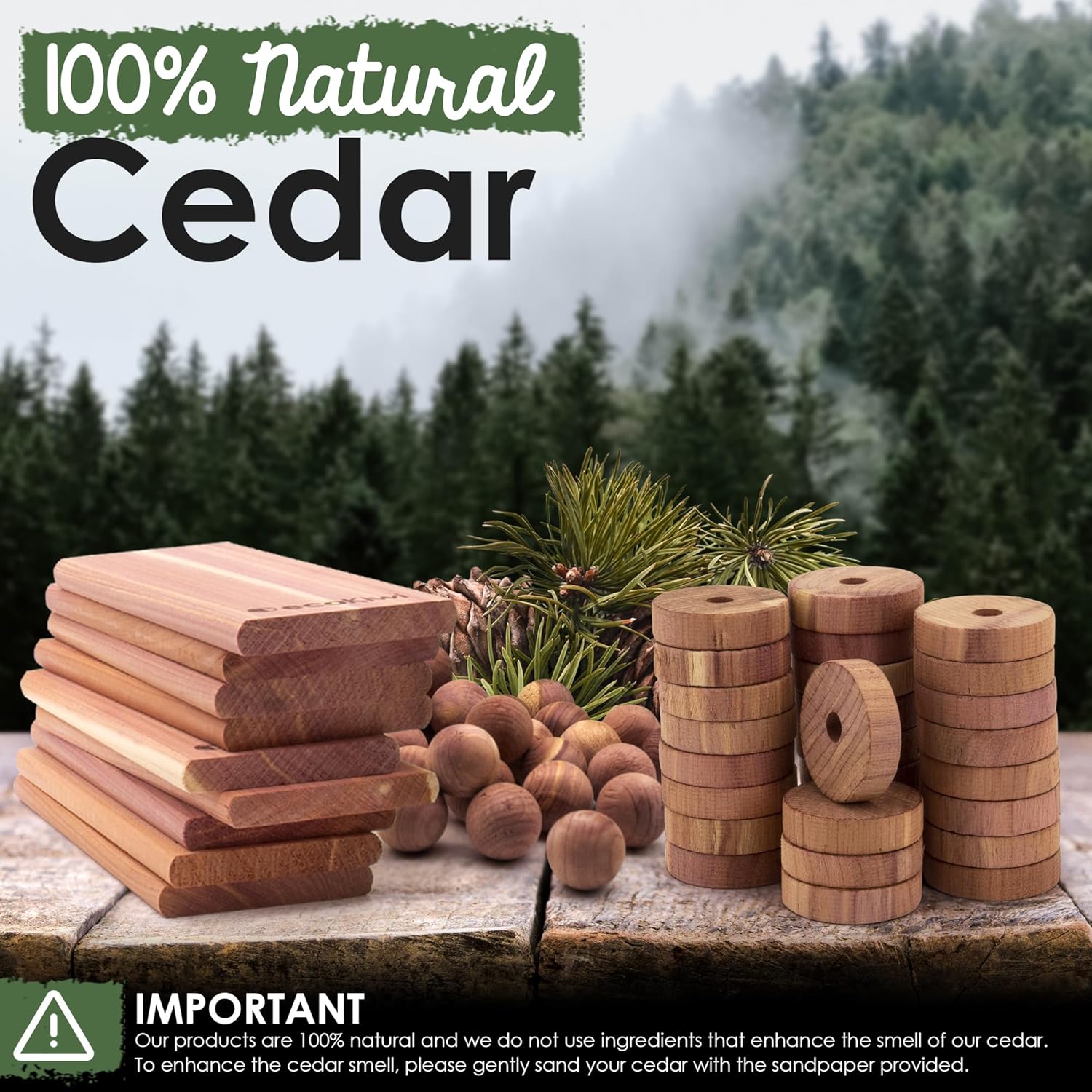 ecoKiwi Cedar Blocks for Clothes Storage Mega Bundle Box - Cedar Hangers x20, Balls x75 & Rings x55-100% Natural Oil Planks & Chips for Closets & Drawers - Aromatic Red Cedar Wood with Sandpaper