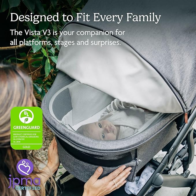 UPPAbaby Vista V3 Stroller + Bassinet V3 - Convertible Single-To-Double Stroller System- Bassinet, Toddler Seat, Bug Shield, Rain Shield Included-Greyson (Charcoal Mélange/Carbon Frame/Saddle Leather)