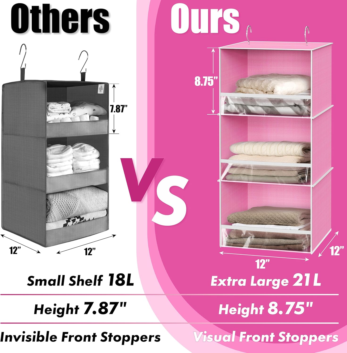 Simple Houseware 3 Shelf Hanging Closet Organizer with Front Stopper, Pink