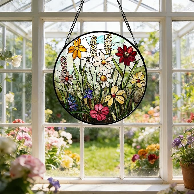 DASTOLL Stained Glass Window Hanging, Colorful Wildflowers Plant Scenery - Image 5