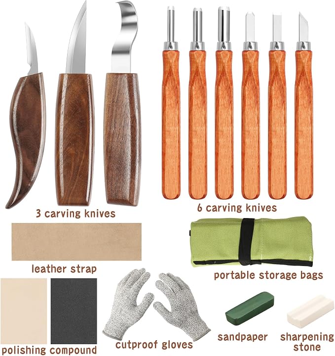 AUGSUN Wood Carving Kit, 17 Pack Wood Whittling Kit Hand Carving Knife Tools Set - Image 2