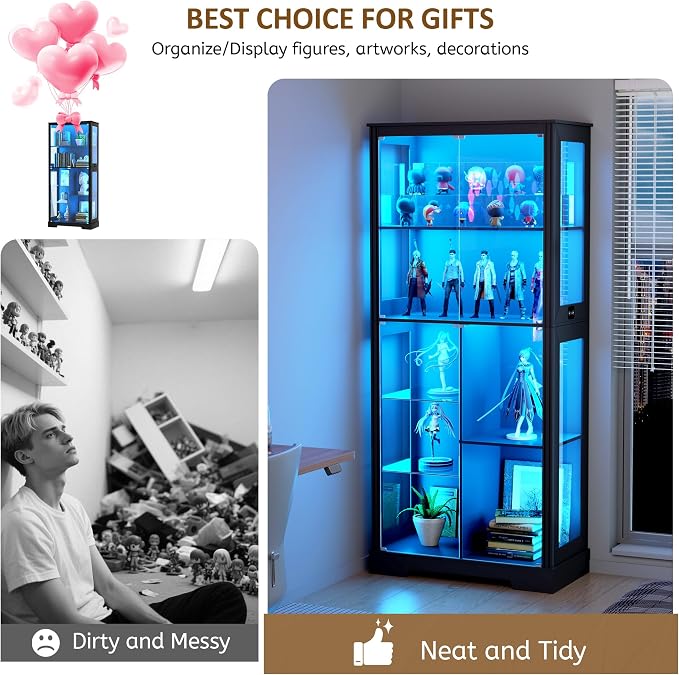 71” Display Cabinet with Glass Doors, Modern Curio Cabinet with 3 Color Lights - Image 6