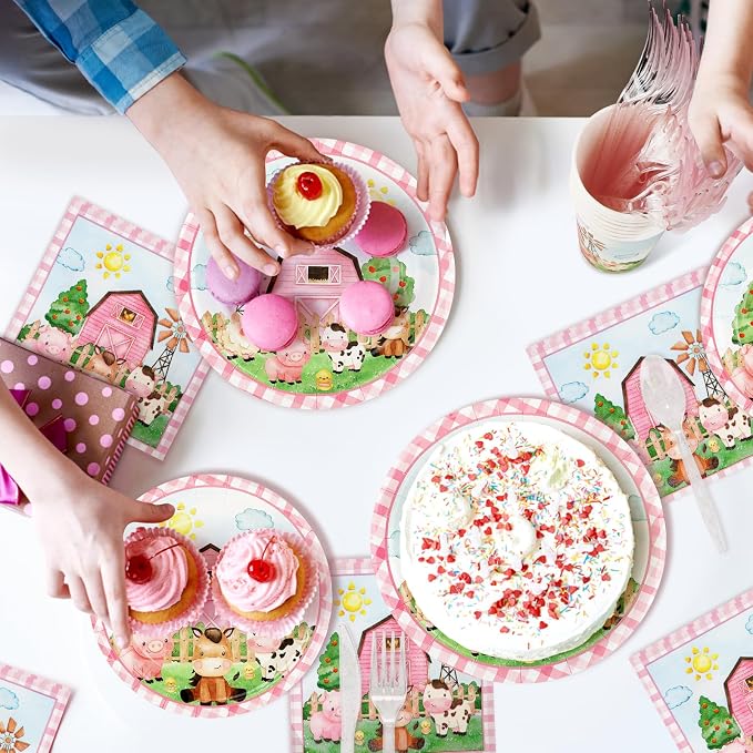 171 PCS Farm Animals Birthday Party Supplies, Disposable Pink Plates Napkins - Image 7