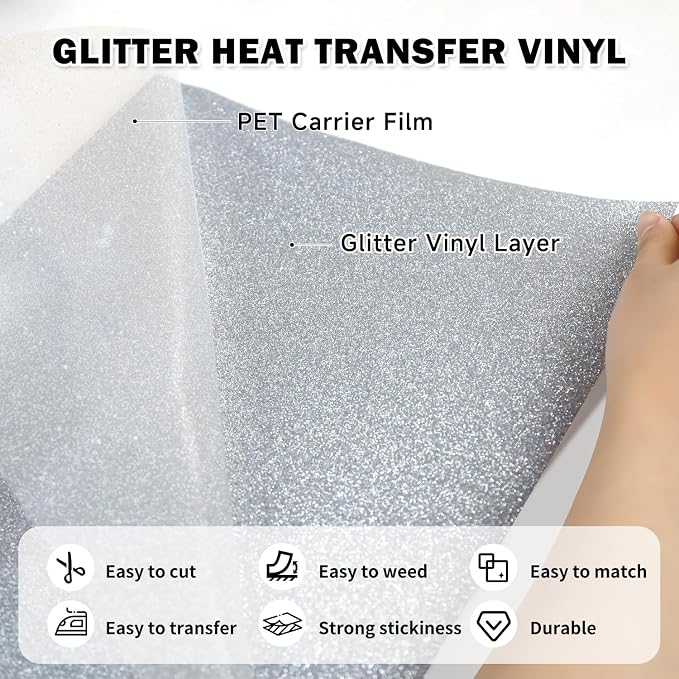 TUMIYA Silver Glitter Heat Transfer Vinyl HTV Roll - Image 3