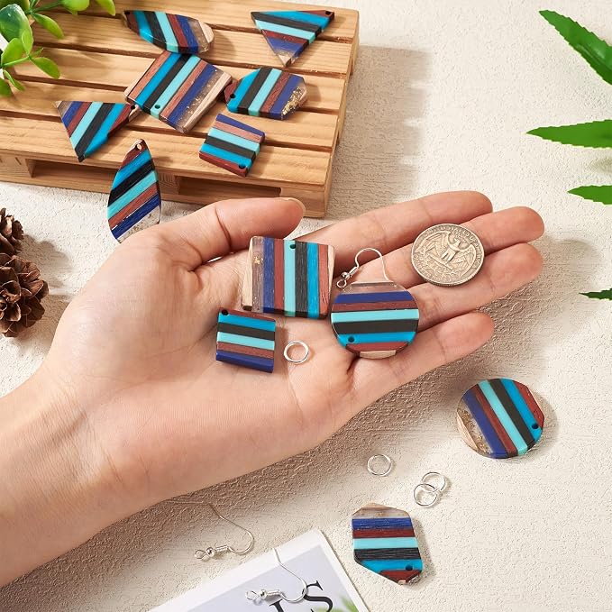 FASHEWELRY Striped Resin Wood Earrings Charms Cyan Rhombus Teardrop Flat Round - Image 6