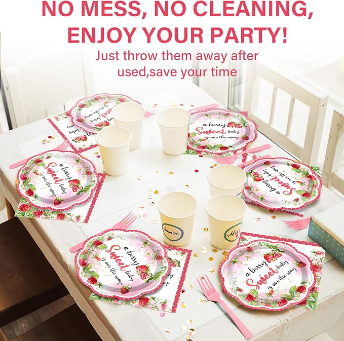 Qyeahkj 100 Pcs Strawberry Baby Shower Party Plates Napkins Forks Supplies Set - Image 5