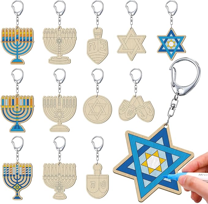 RattanView 24 Pcs Hanukkah Craft Color Your Own Keychains DIY Craft Wooden by RattanView