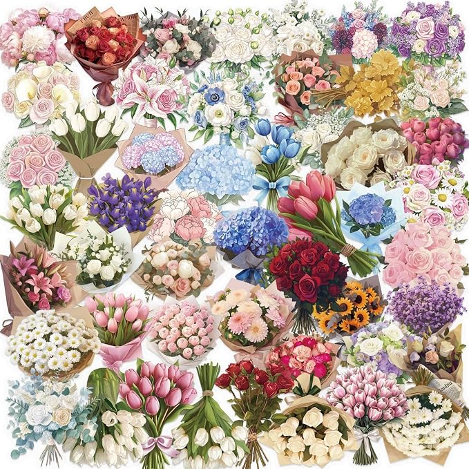 50 Pcs Flower Scrapbook Stickers Kit Bouquet PET Transparent Waterproof by Unknown