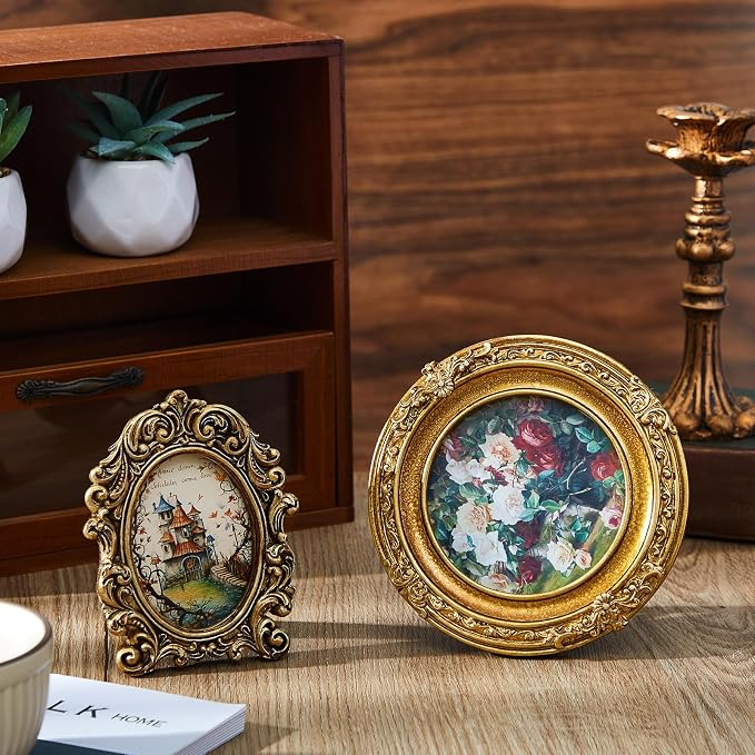 Qunclay Vintage Mini Picture Frames Set of 4, Round Rectangle Ornate Small - Image 4